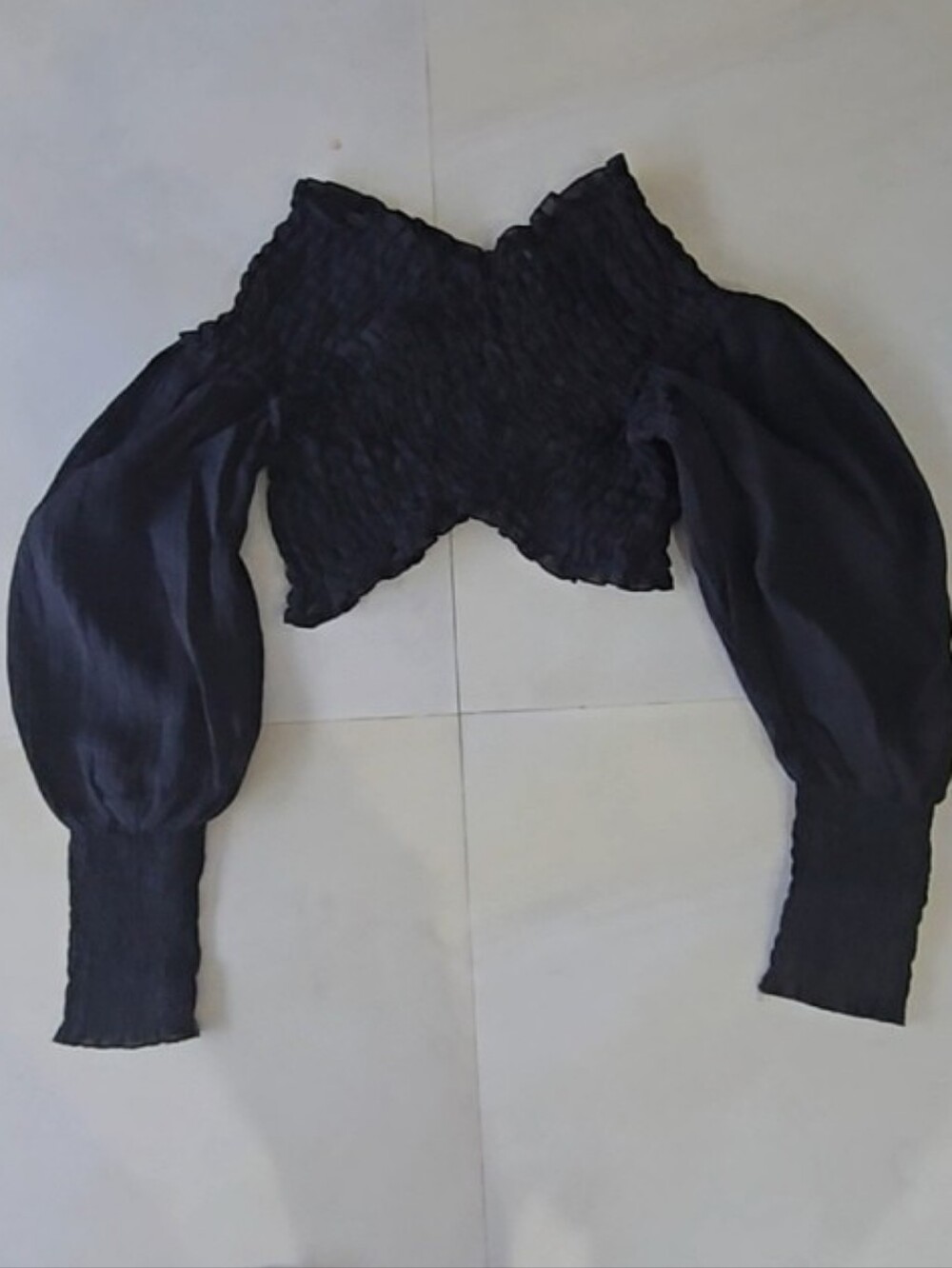 Off-Shoulder Black Smocked Crop Top - Picture 9 of 11